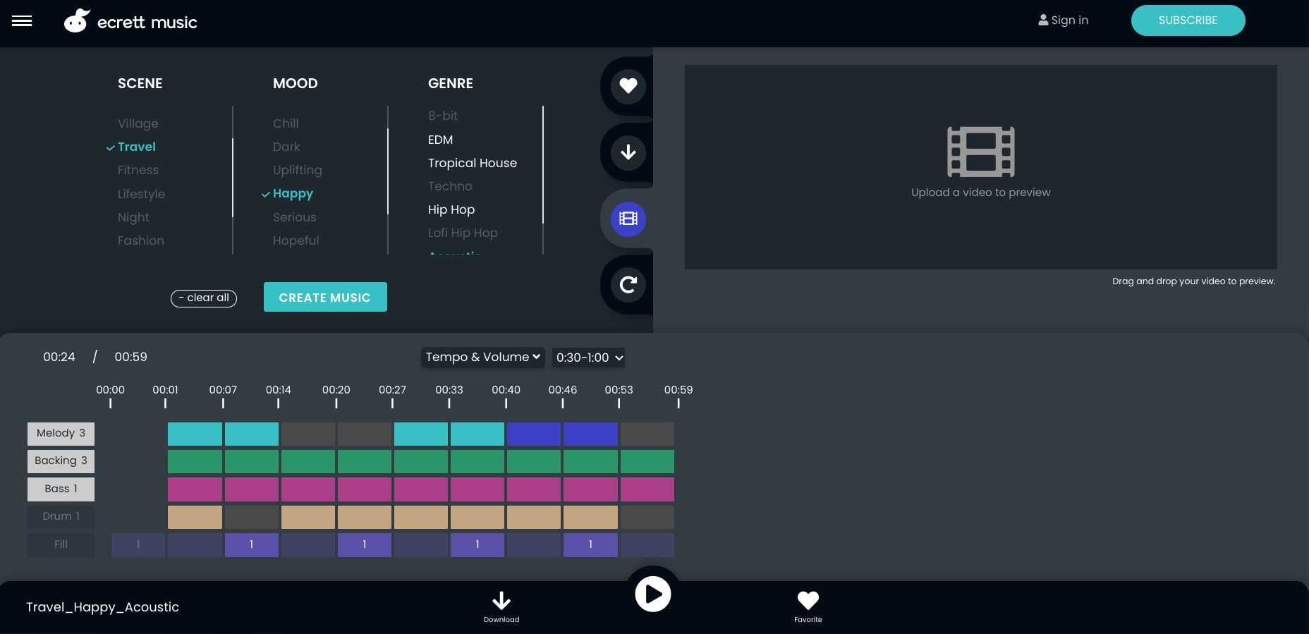 Once Ecrett AI generates a song based on your choices, you can still alter how each instrument and note sounds in the musical timeline