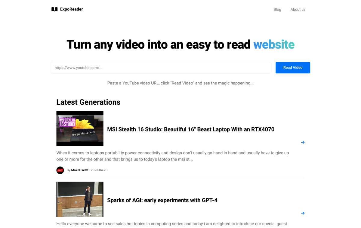 ExpoReader هر ویدیوی YouTube را به یک پست وبلاگ قابل خواندن تبدیل می کند که می توانید آن را با دیگران به اشتراک بگذارید