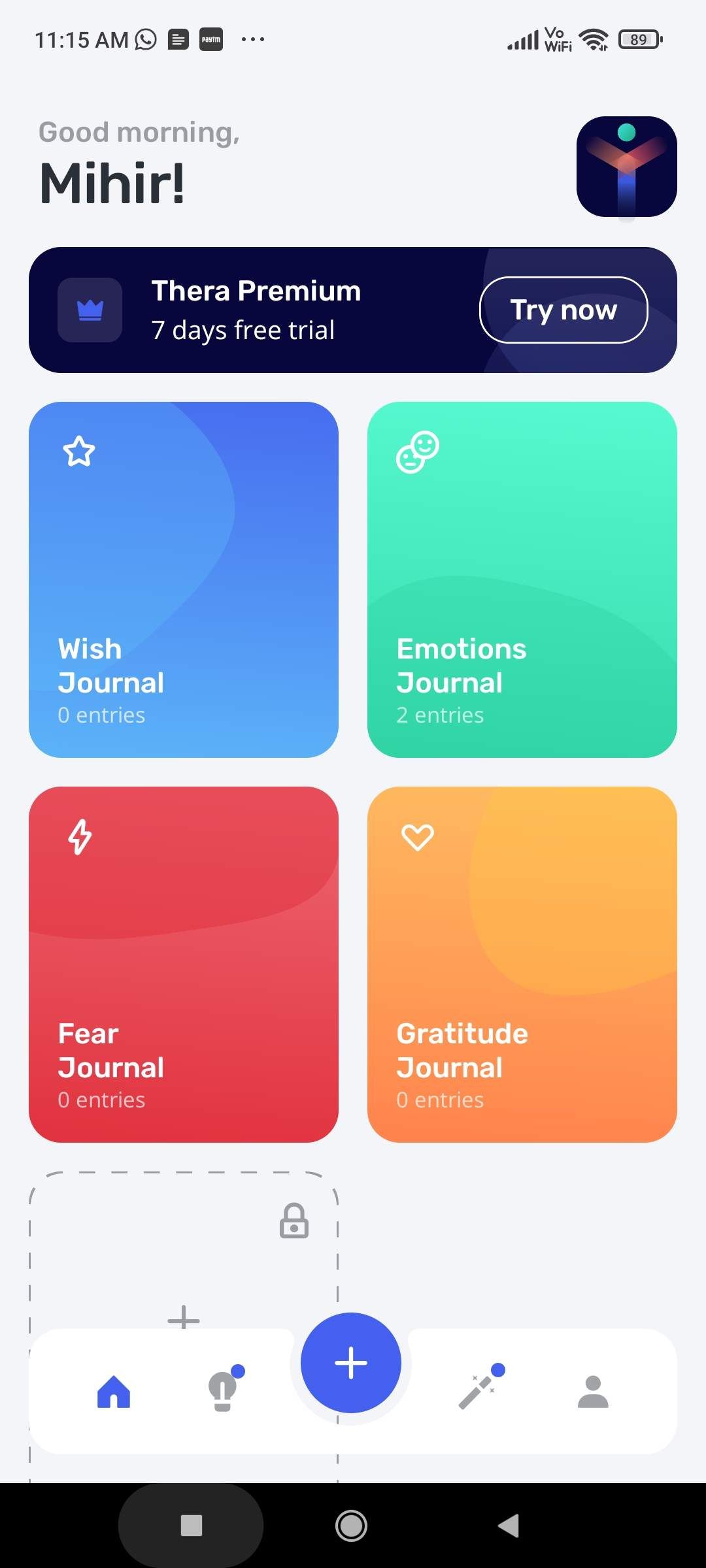 Thera has four journals within the app to chronicle different feelings and thoughts: emotions, wish, fear, and gratitude