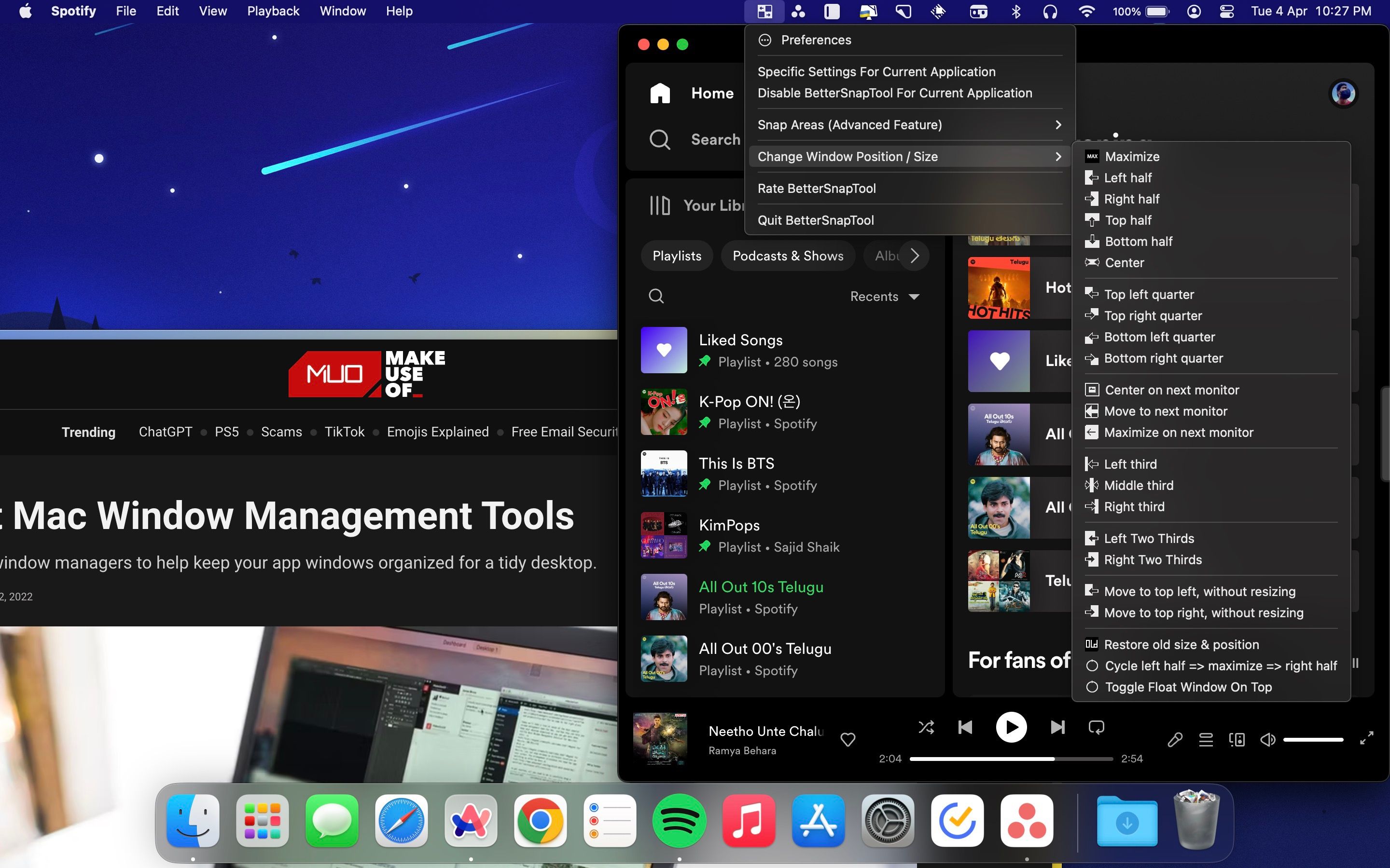 Opsi bilah menu aplikasi BetterSnapTool di Mac