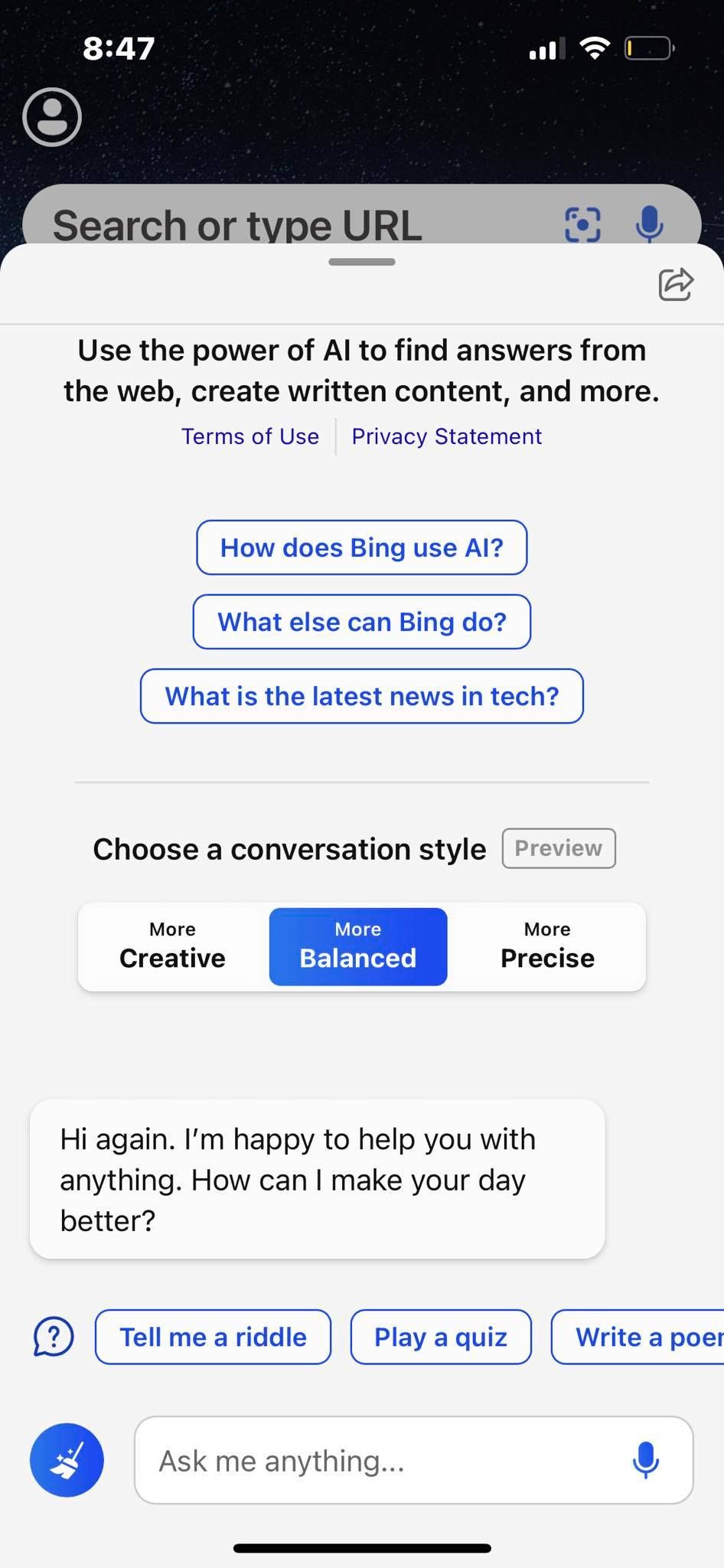 Using Bing Chat on Bing App for Smartphones