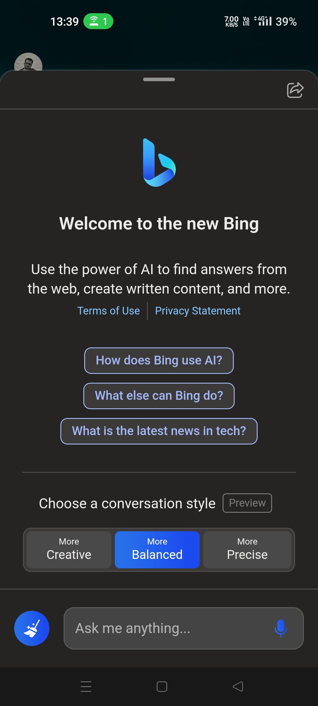 A screenshot of the Bing chat interface on an Android phone.