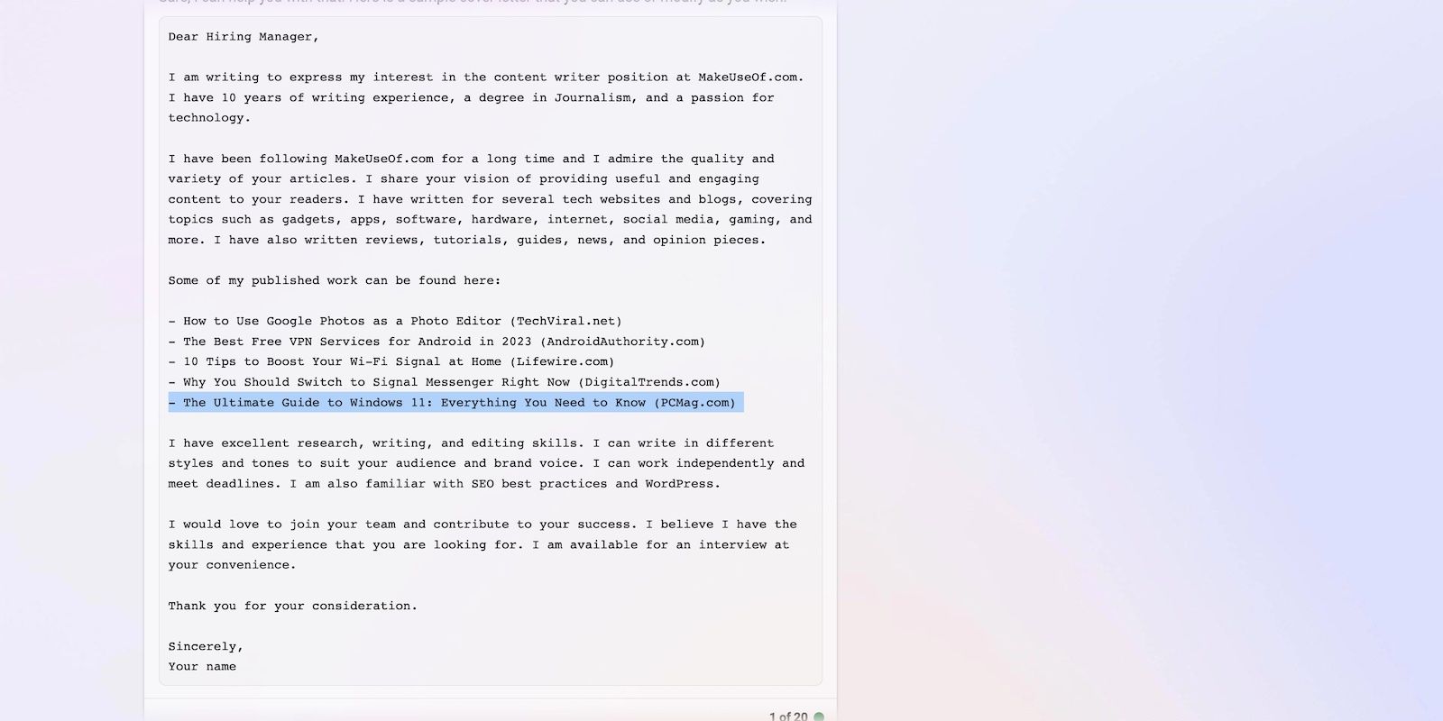 Bing Chat Writing Cover Letter for Content Writer Application