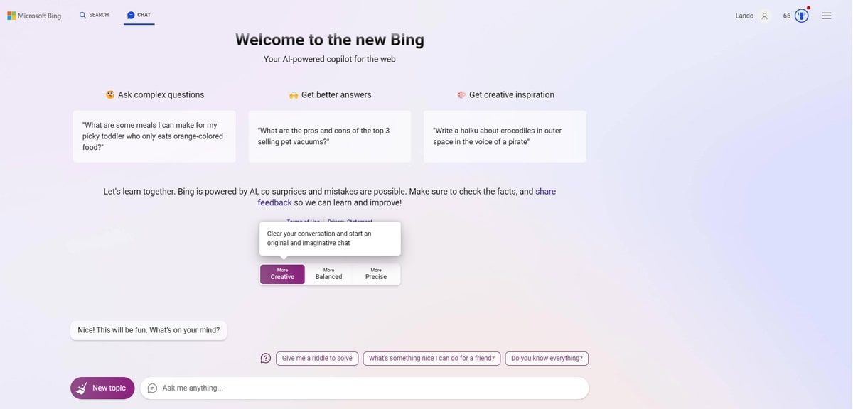 Bing chat screenshot