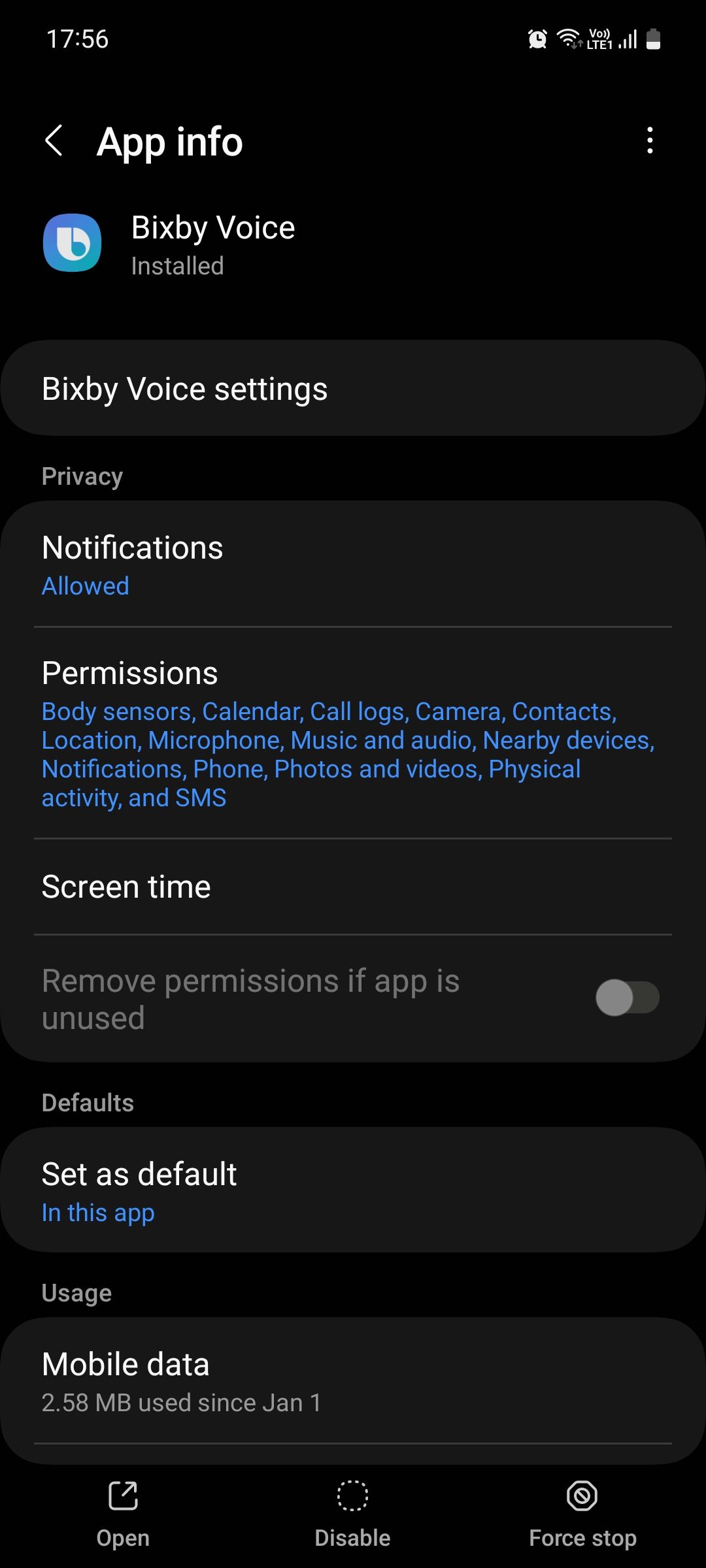 Bixby App info menu on One UI