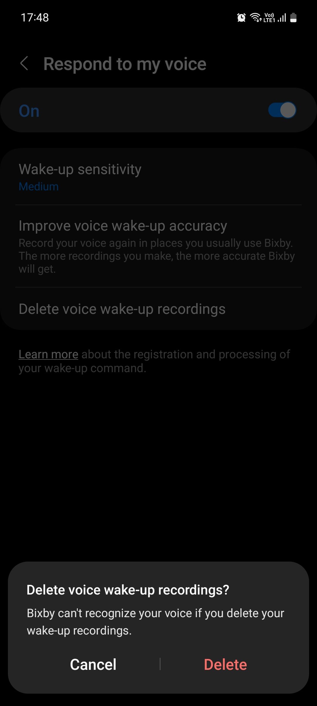 Bixby Delete voice wake-up recordings