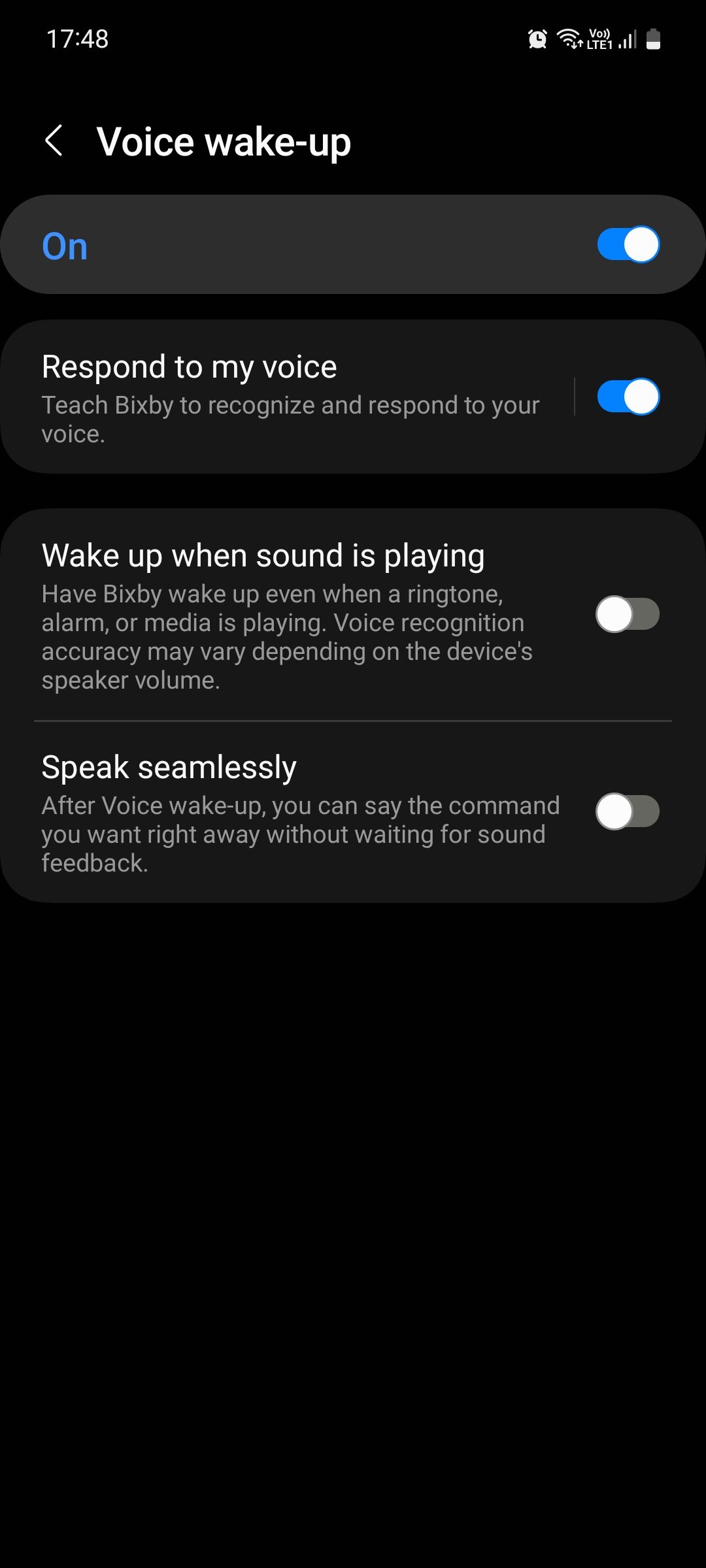 Bixby Voice wake-up menu