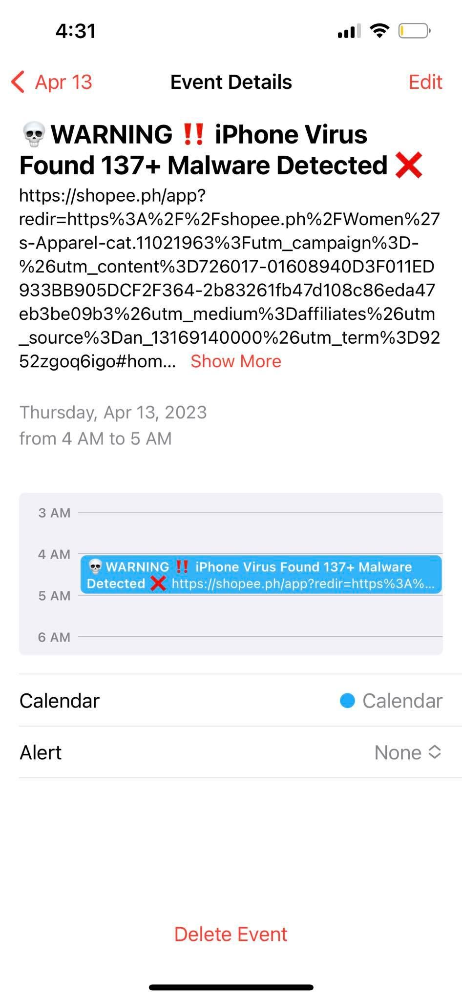 iPhone Calendar Event With Sketchy Link