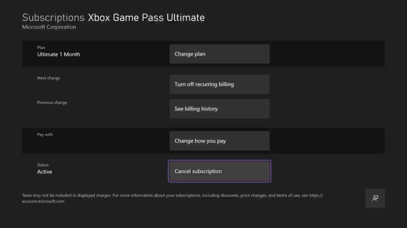 A screenshot of the subscription options for Xbox Game Pass on Xbox Series X with Cancel Subscription highlighted