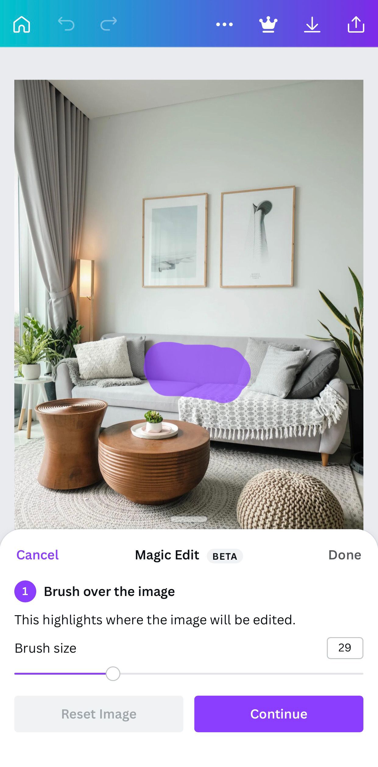 Modern, cozy living room with purple area brushed over for editing