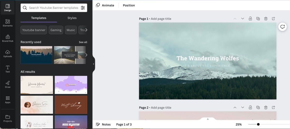Canva open to YouTube banner creator with templates on screen