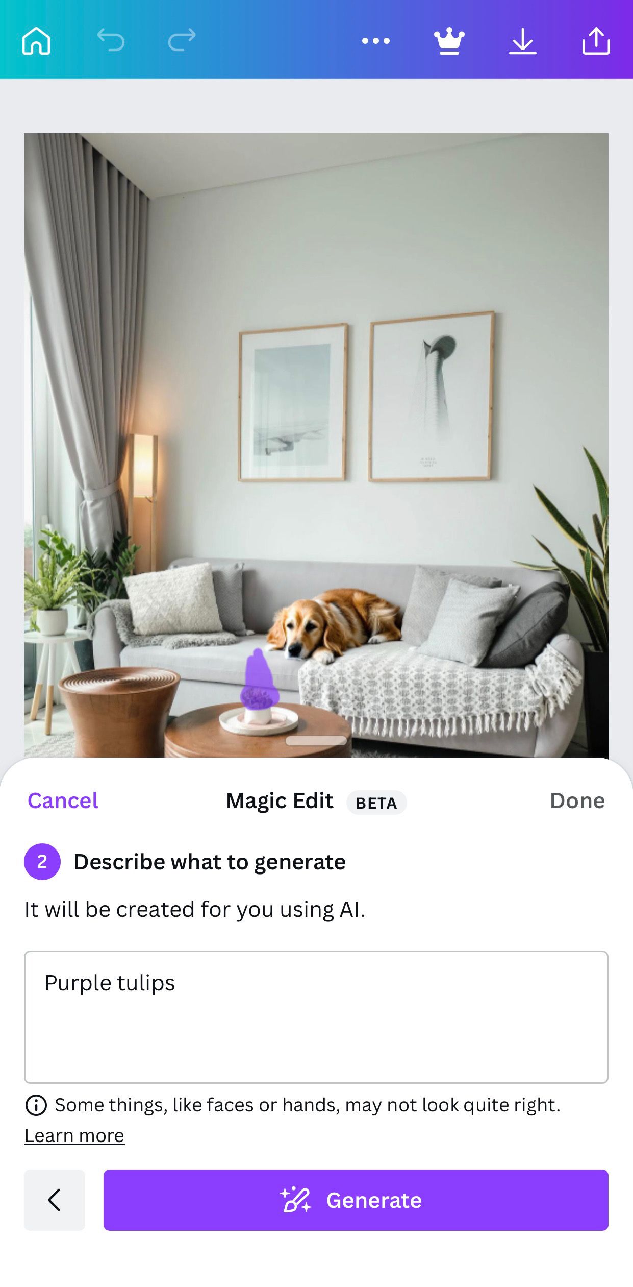 Cozy living room with golden retriever laying on couch and a text prompt for purple tulips to generate an AI replacement