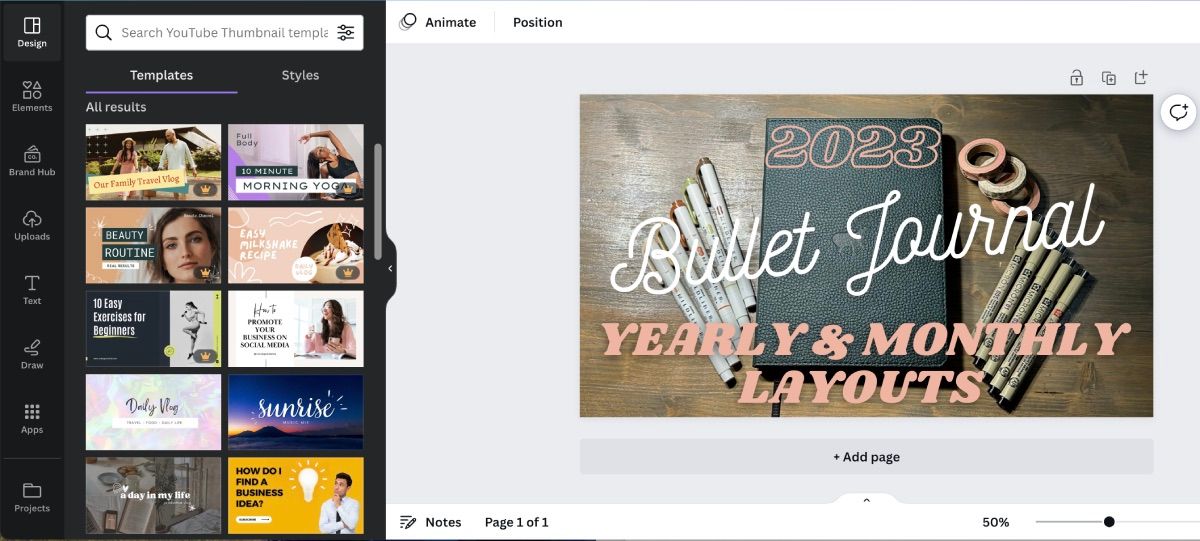 Canva Thumbnail creater open with bullet journal thumbnail on display