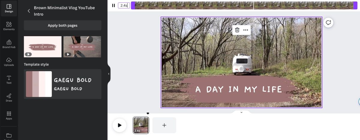 Canva's video editer open with camper and intro overlay on video