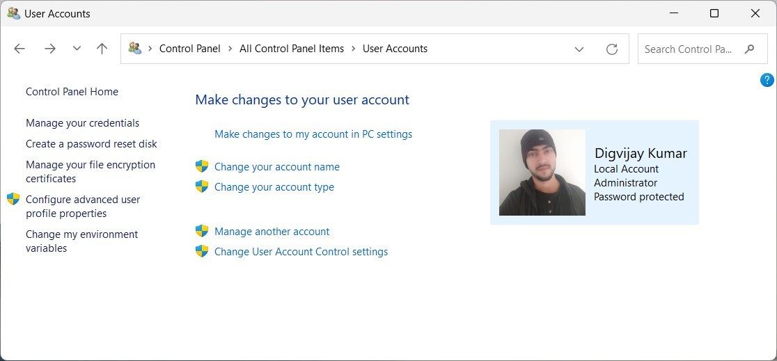 Change your account name in Control Panel