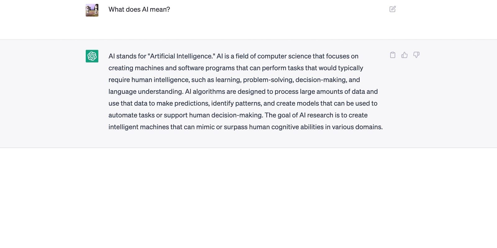 ChatGPT answering a general question about AI