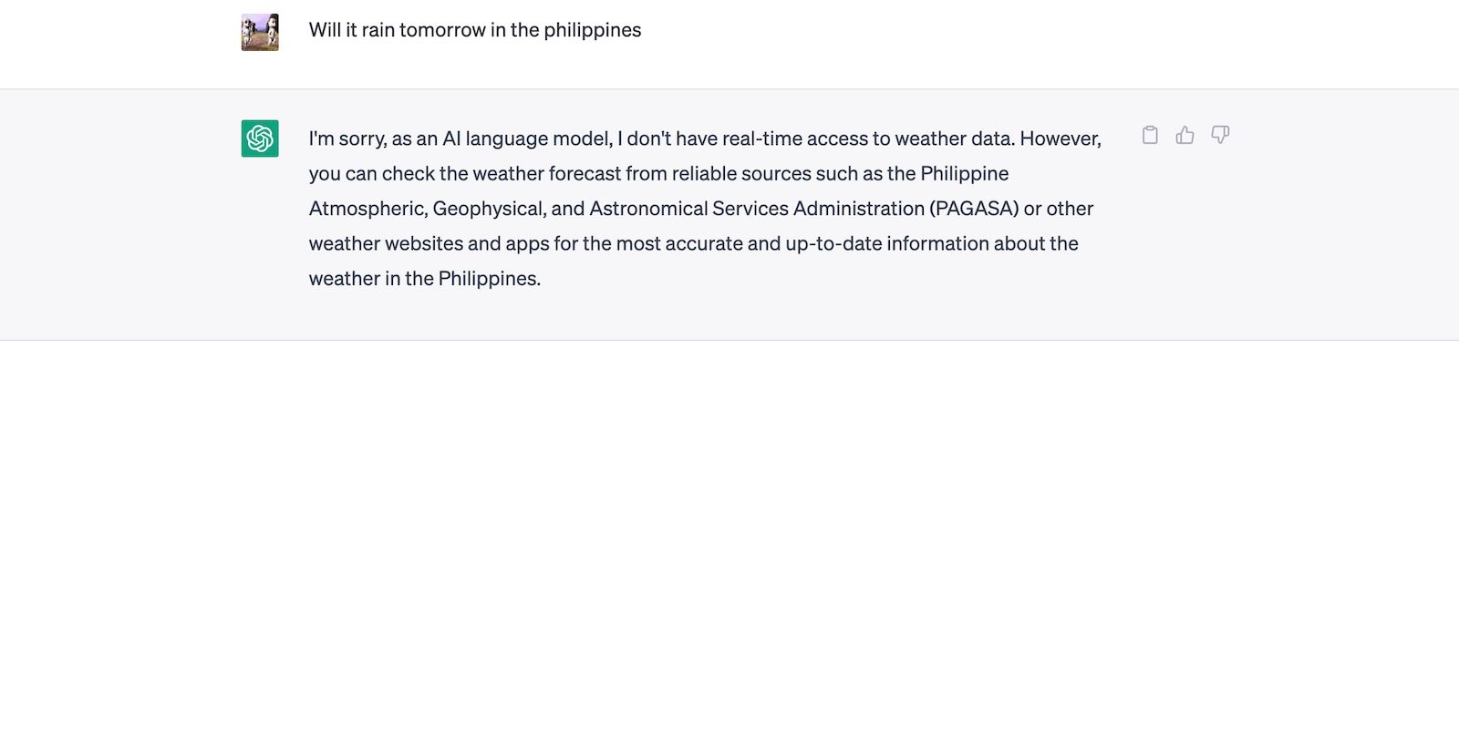 ChatGPT Can't Provide Weather Update Because It's Not Connected to the Internet
