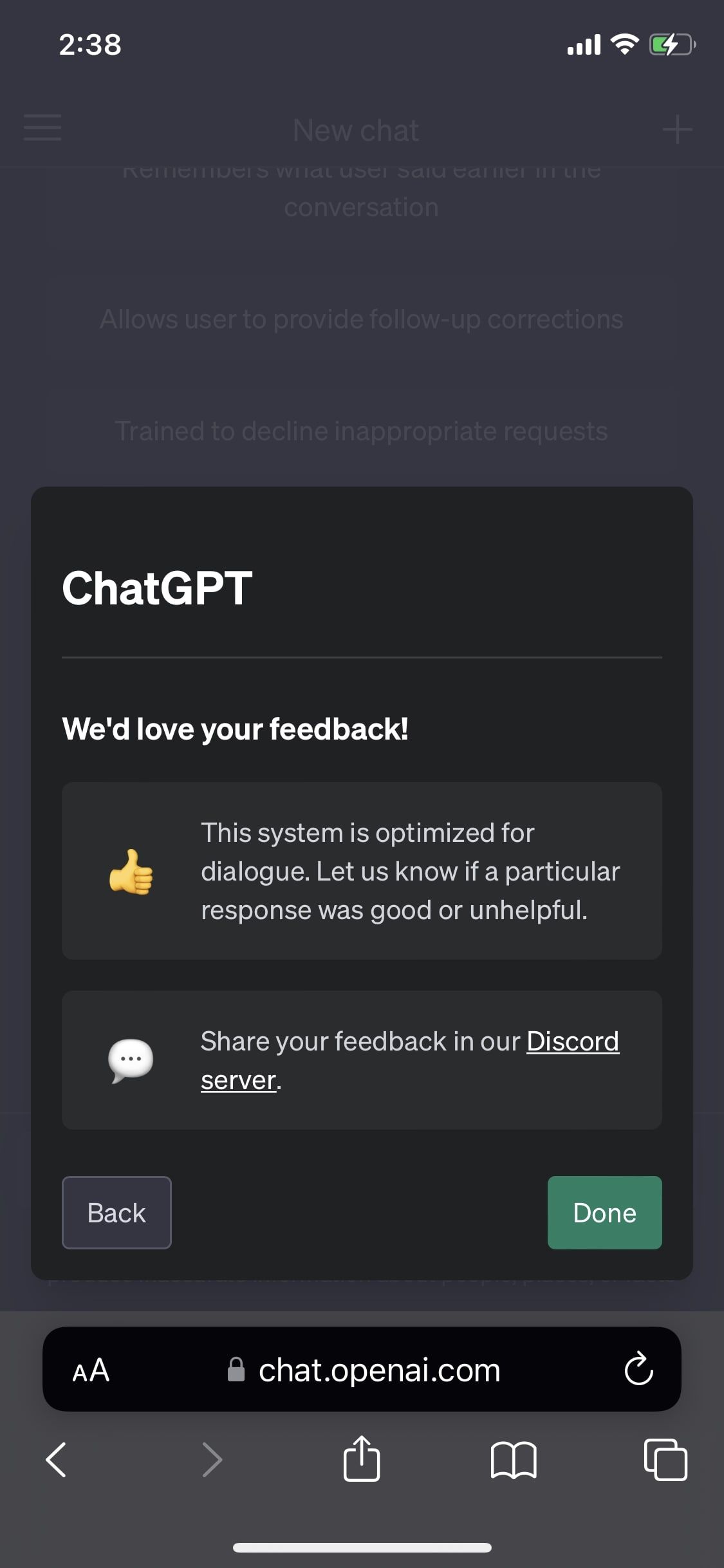 ChatGPT final disclaimer screen iOS