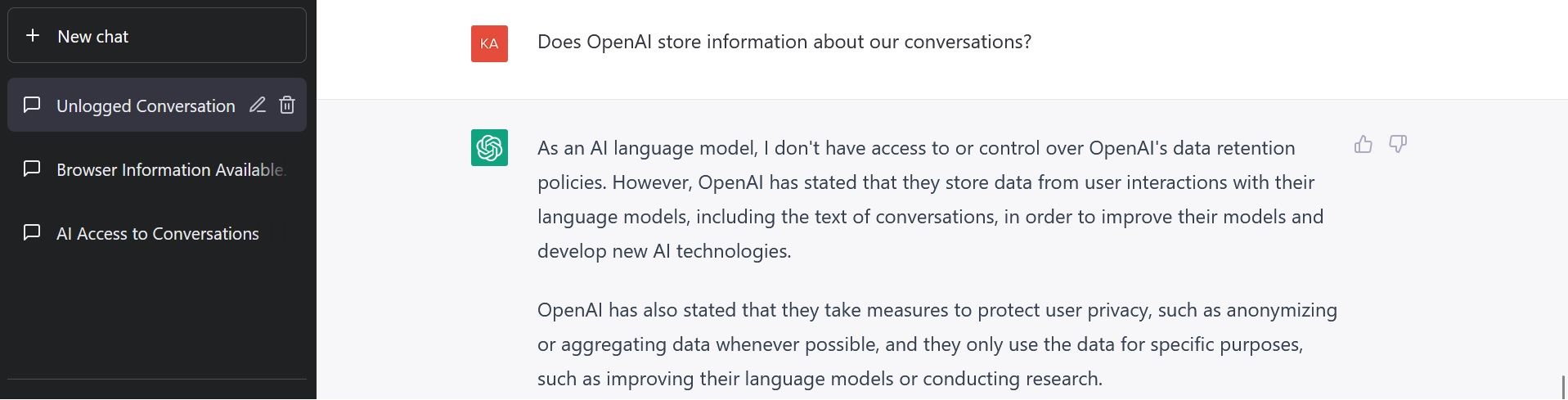Một cuộc trò chuyện với ChatGPT trong đó cho biết OpenAI lưu trữ văn bản của các cuộc trò chuyện. 