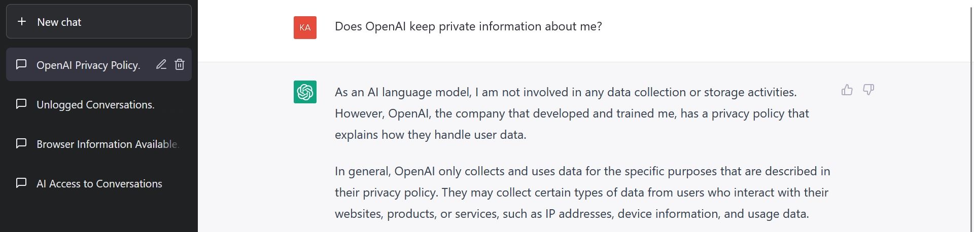 Một cuộc trò chuyện với ChatGPT cho biết OpenAI giữ một số dữ liệu cá nhân. 