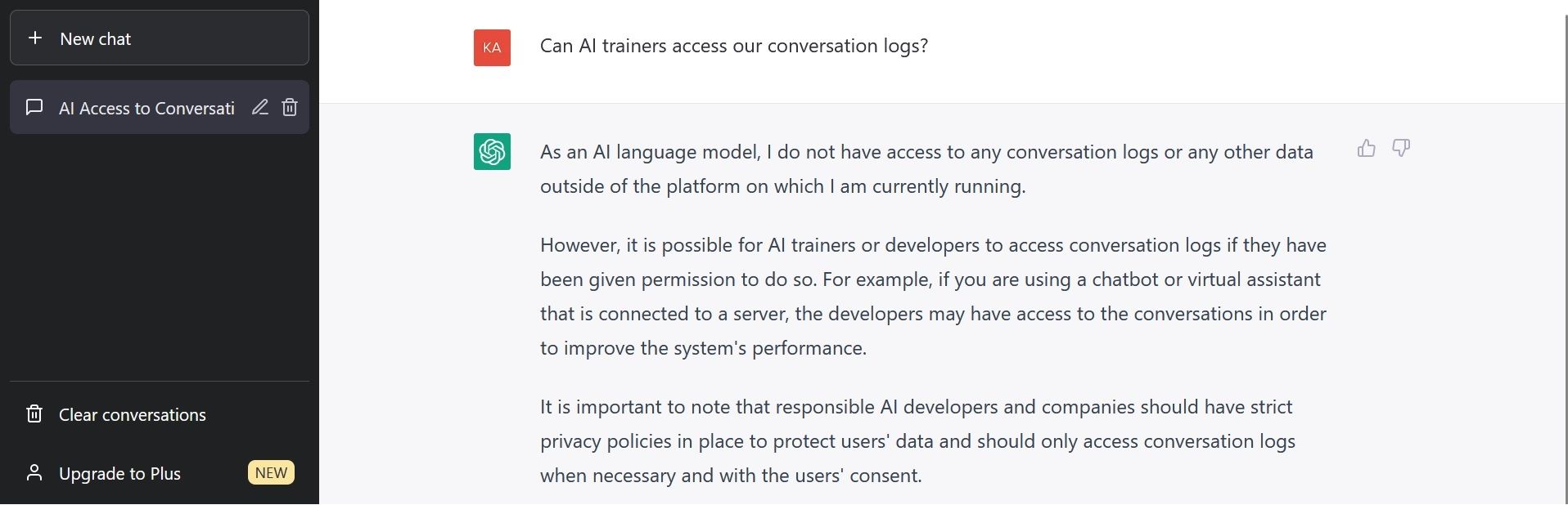 Một cuộc trò chuyện với ChatGPT, trong đó nó thừa nhận những người huấn luyện AI có thể xem nhật ký của chúng tôi. 