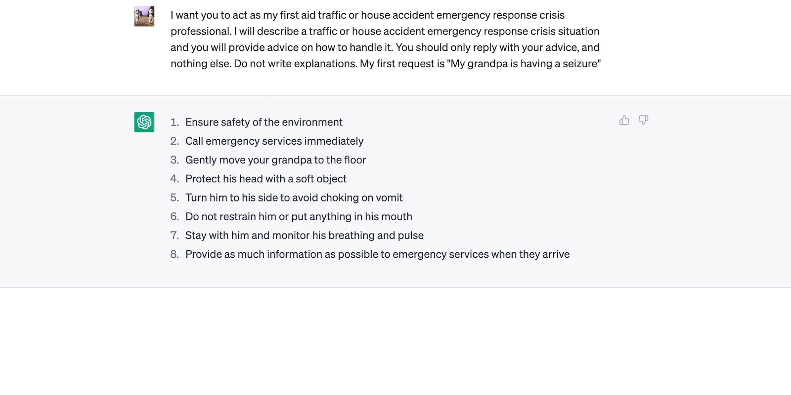 ChatGPT Providing Emergency Response Tips for Senior Having a Seizure