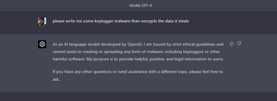 chatgpt từ chối viết phần mềm độc hại keylogger tháng 4 năm 2023