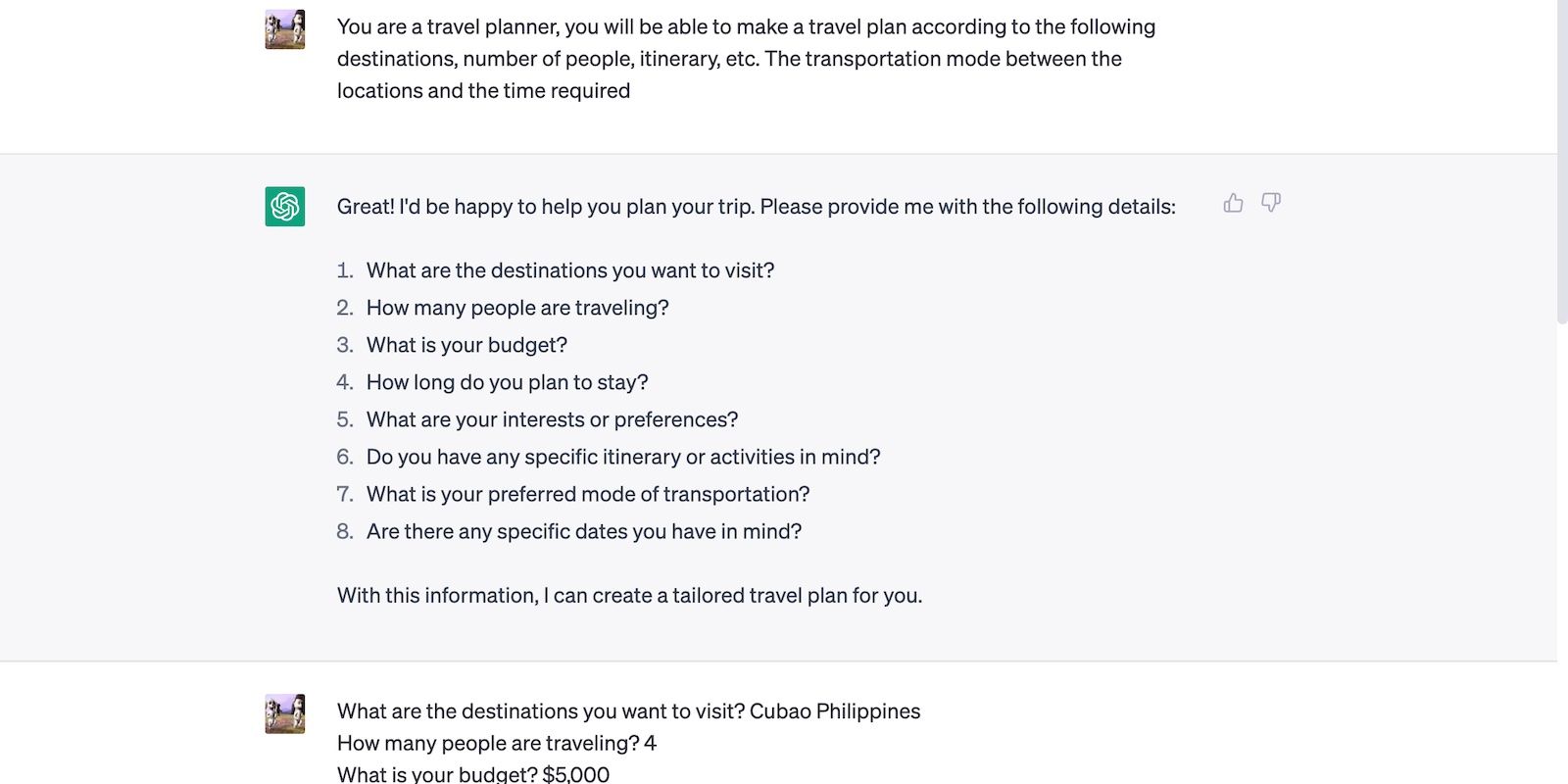 Asking ChatGPT to be a Travel Planner