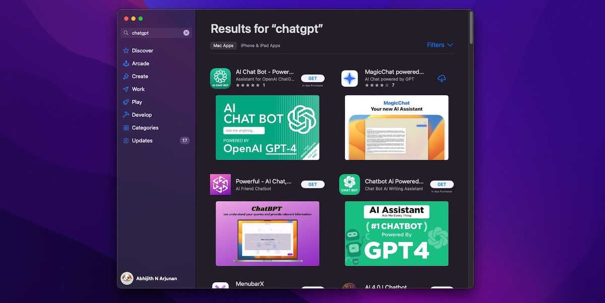 Resultados de ChatGPT en Mac App Store