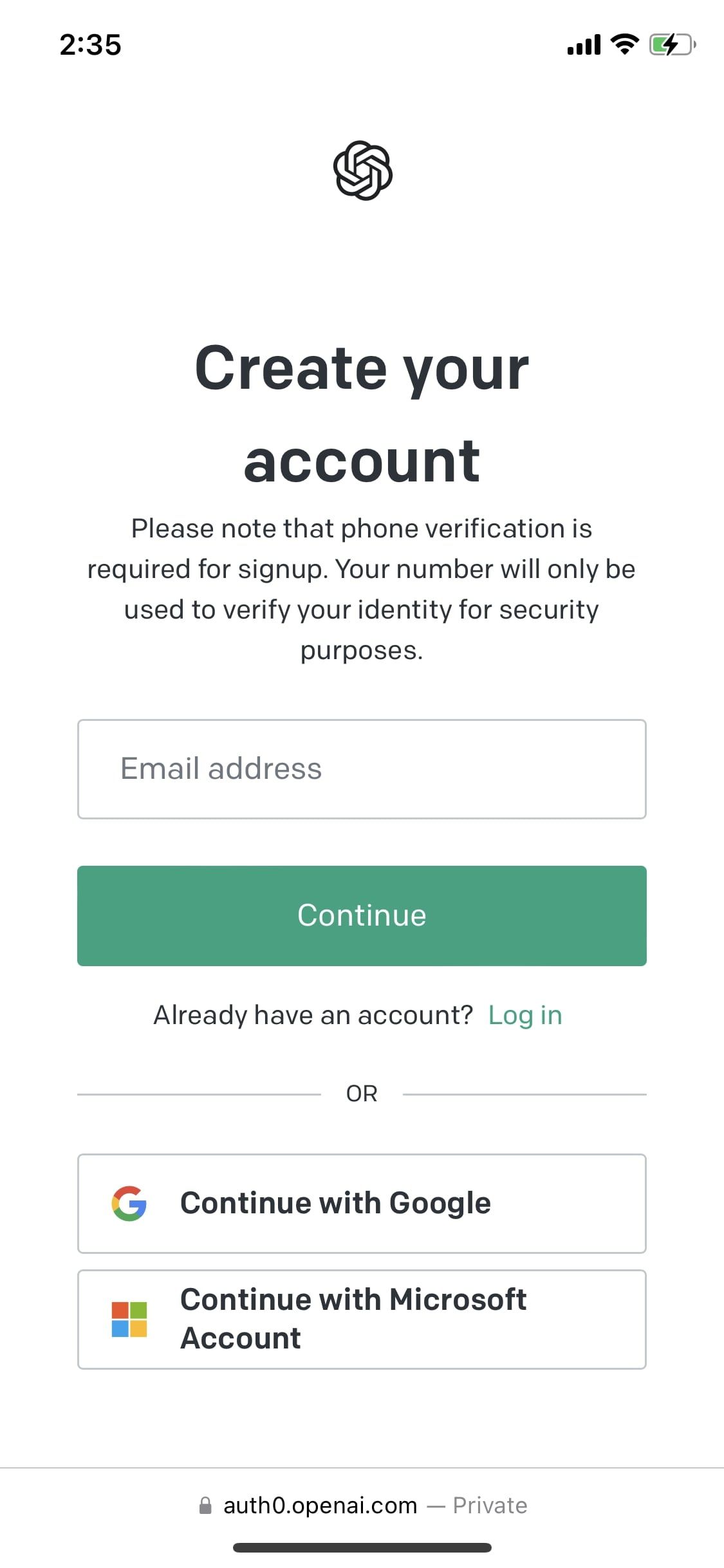 ChatGPT signup page iOS
