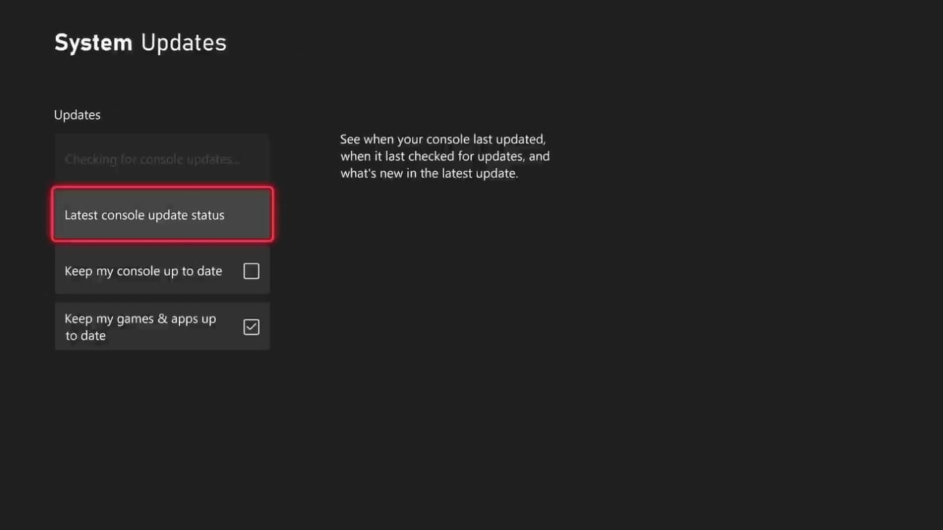 A screenshot of the Updates setting for an Xbox Series X with Latest Console Update Status highlighted 