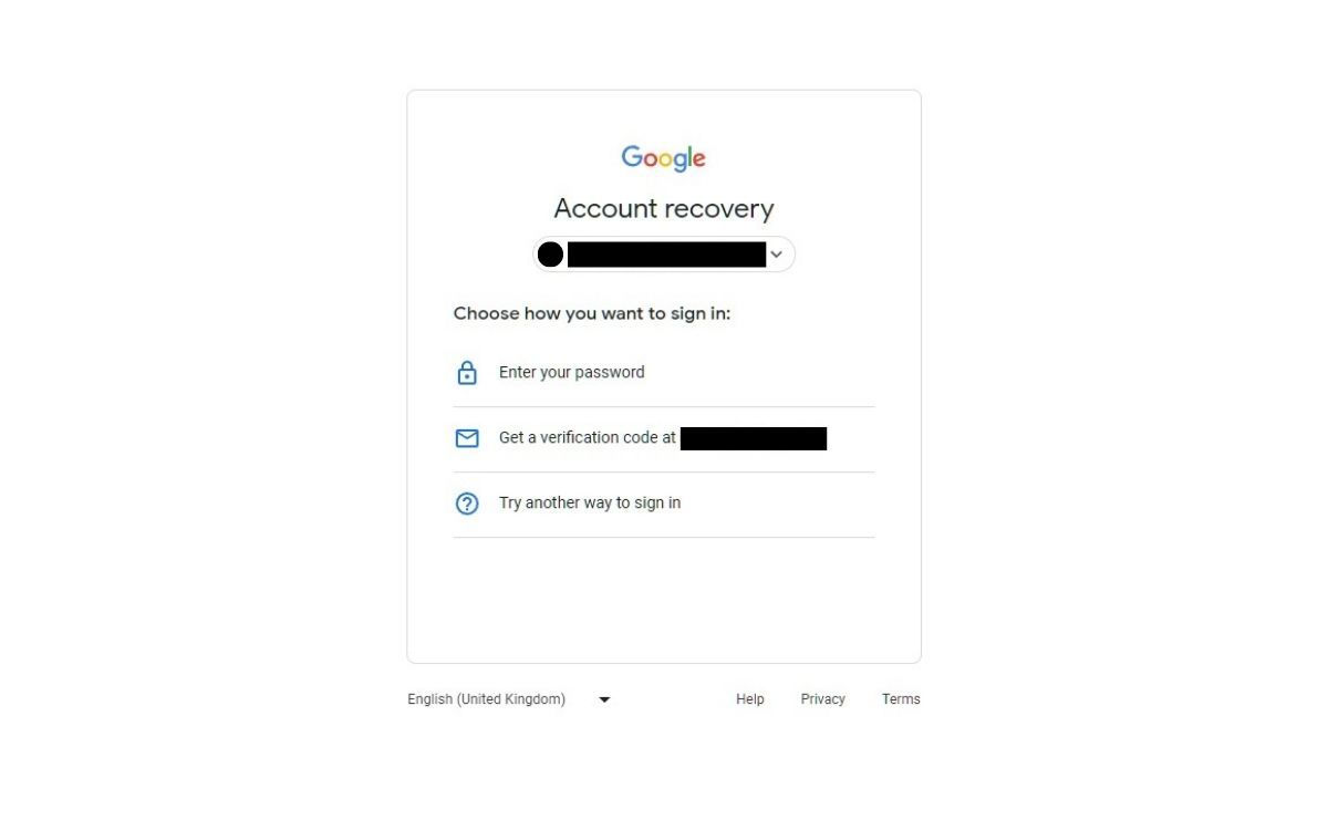 Uma captura de tela da seção Escolha uma forma de fazer login durante a recuperação da Conta do Google