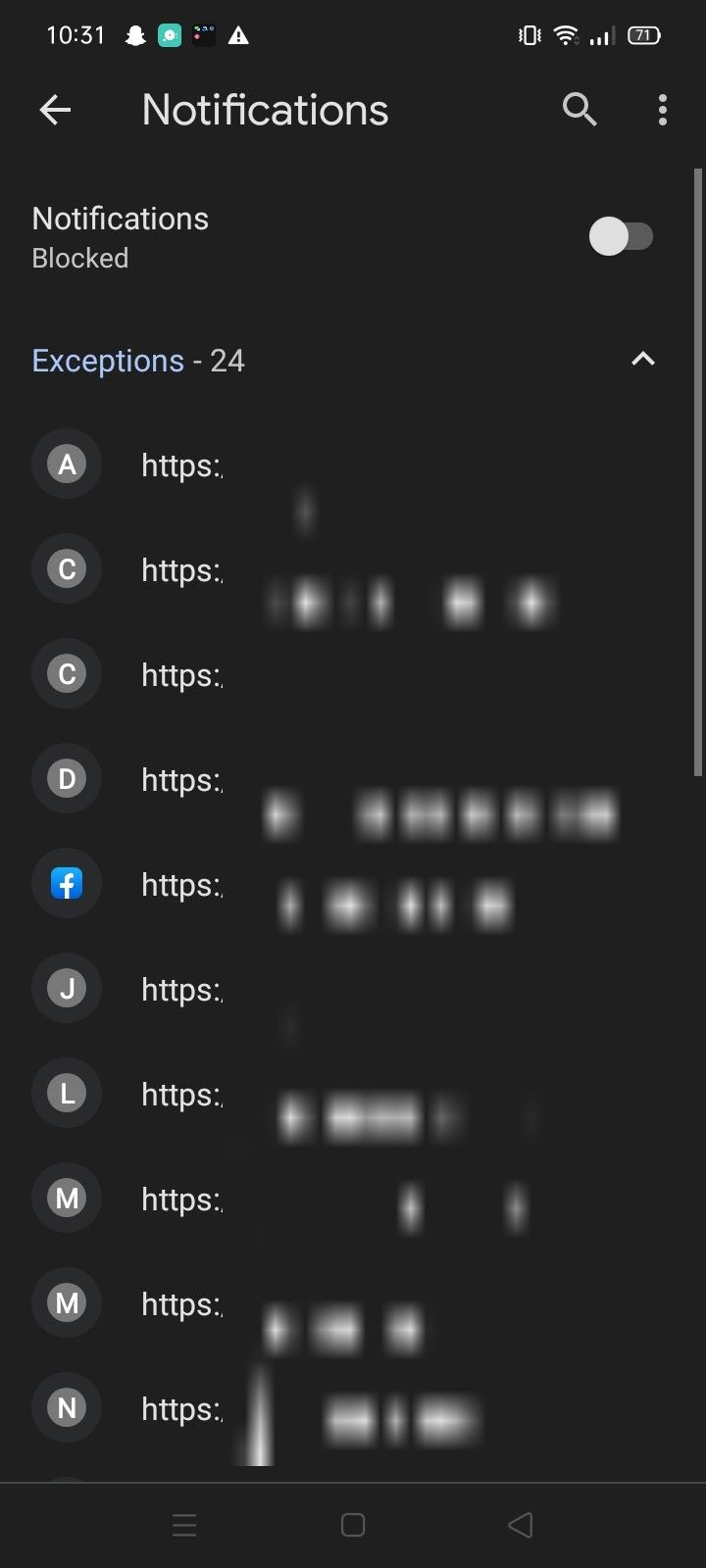 Chrome Site Notifications Showing List of Websites Added in Exceptions to Send Notifications