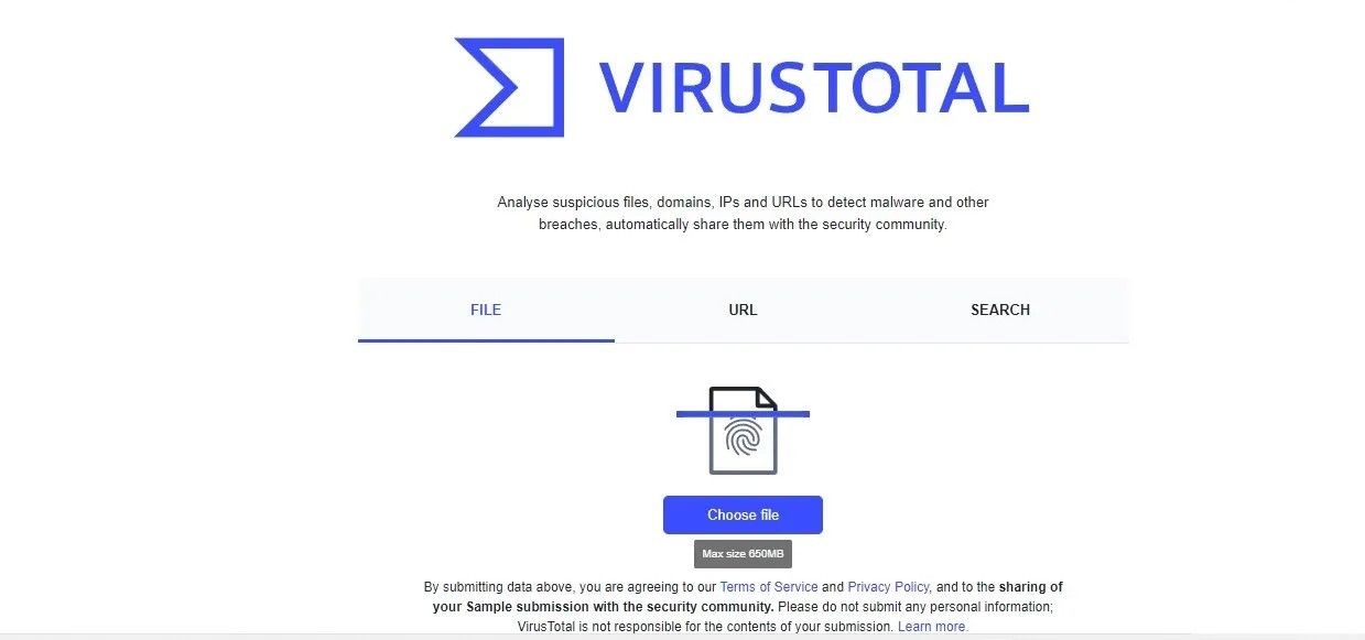 mengklik tombol pilih file di situs web resmi VirusTotal