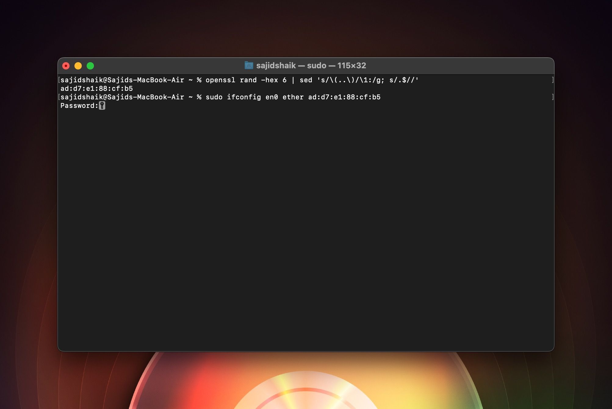 Command to change your MAC address to generated MAC address in Terminal