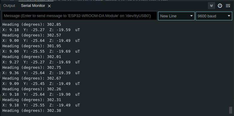 مقادیر قطب نما در مانیتور سریال Arduino IDE