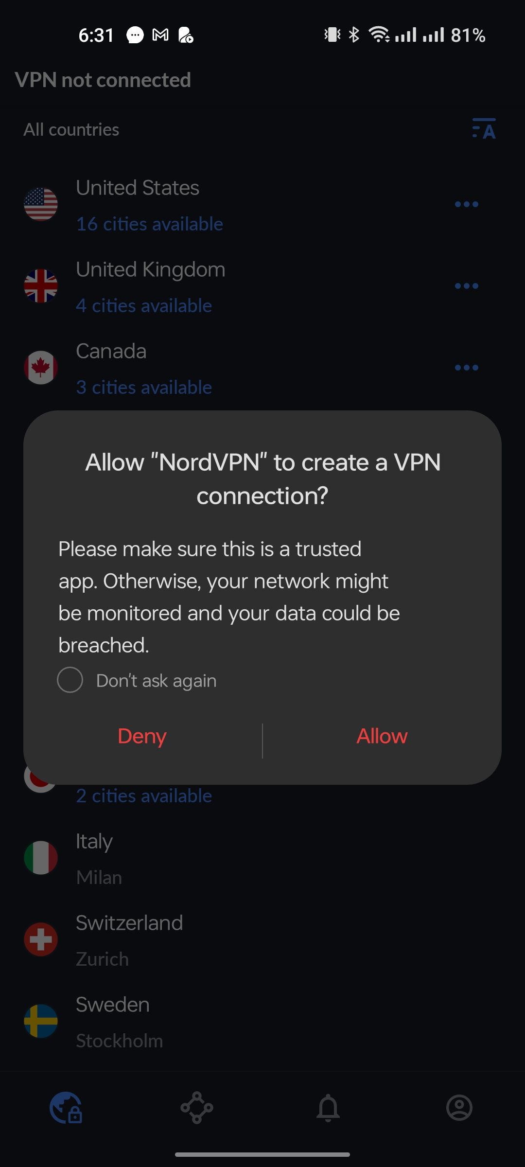 Allowing NordVPN to create a VPN Connection on Android