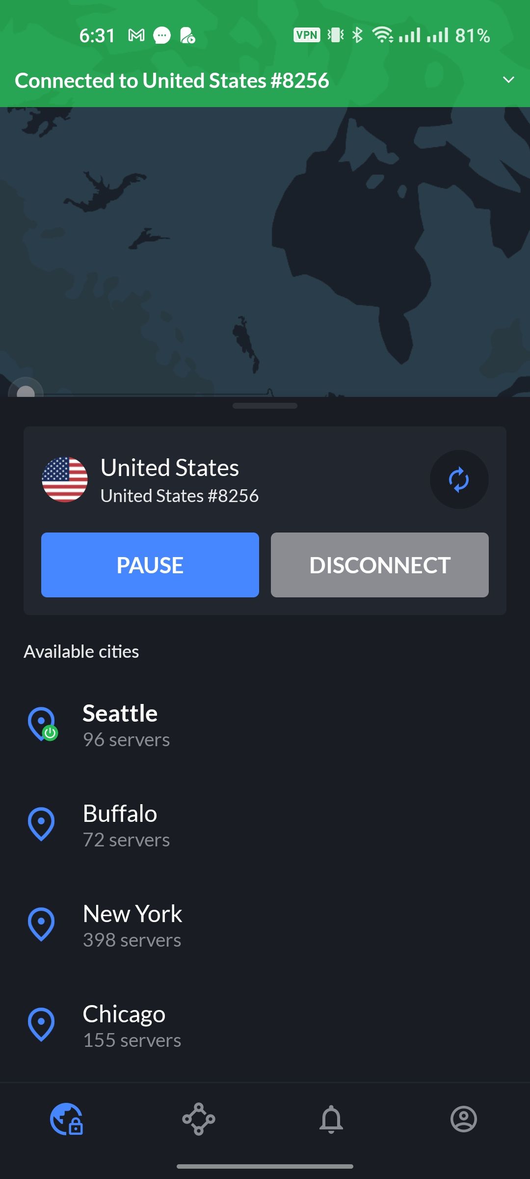 Available servers in different cities in the US on NordVPN