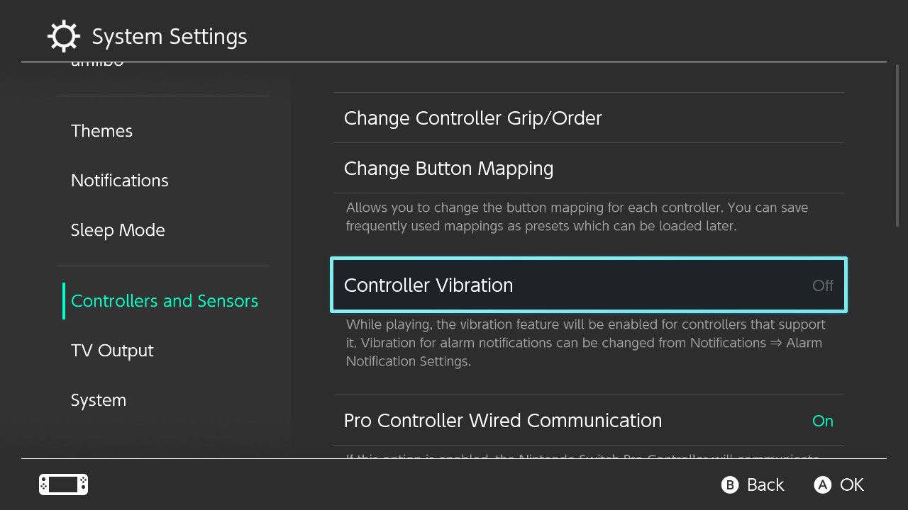 A screenshot of the Controllers and Sensors settings on an Nintendo Switch with Controller Vibration highlighted