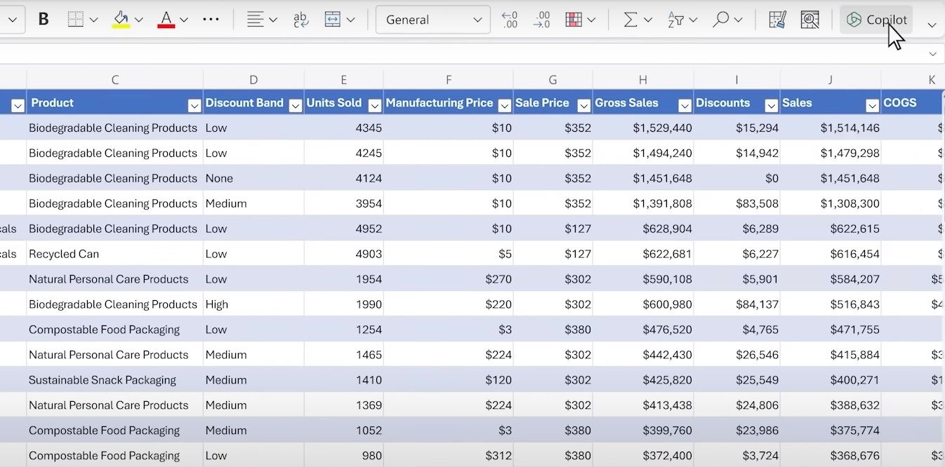 The Copilot icon in the Microsoft Excel menu