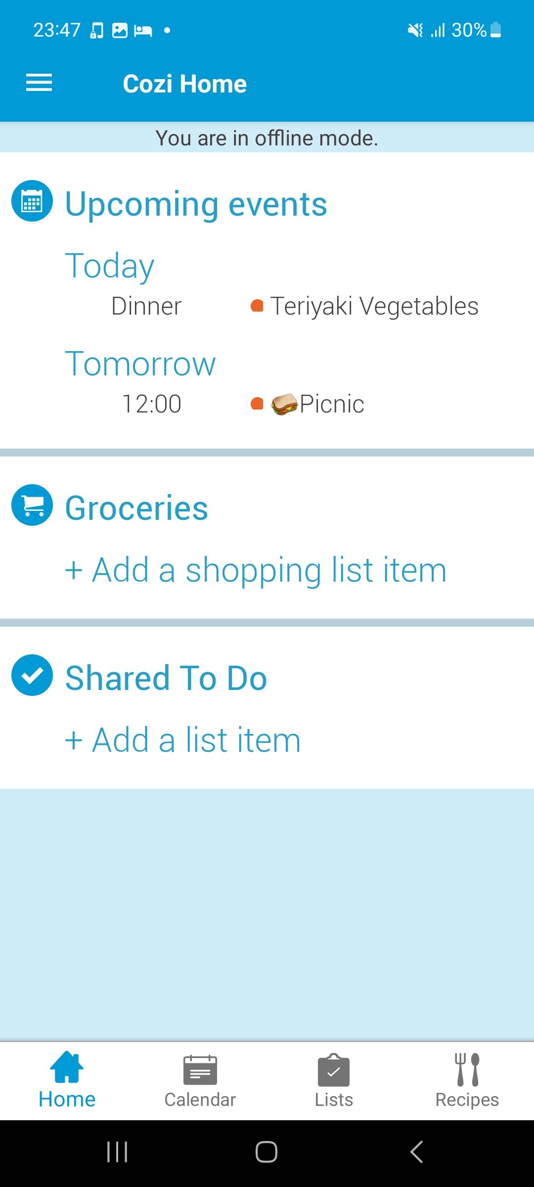 Cozi Shared Events and Tasks Homepage
