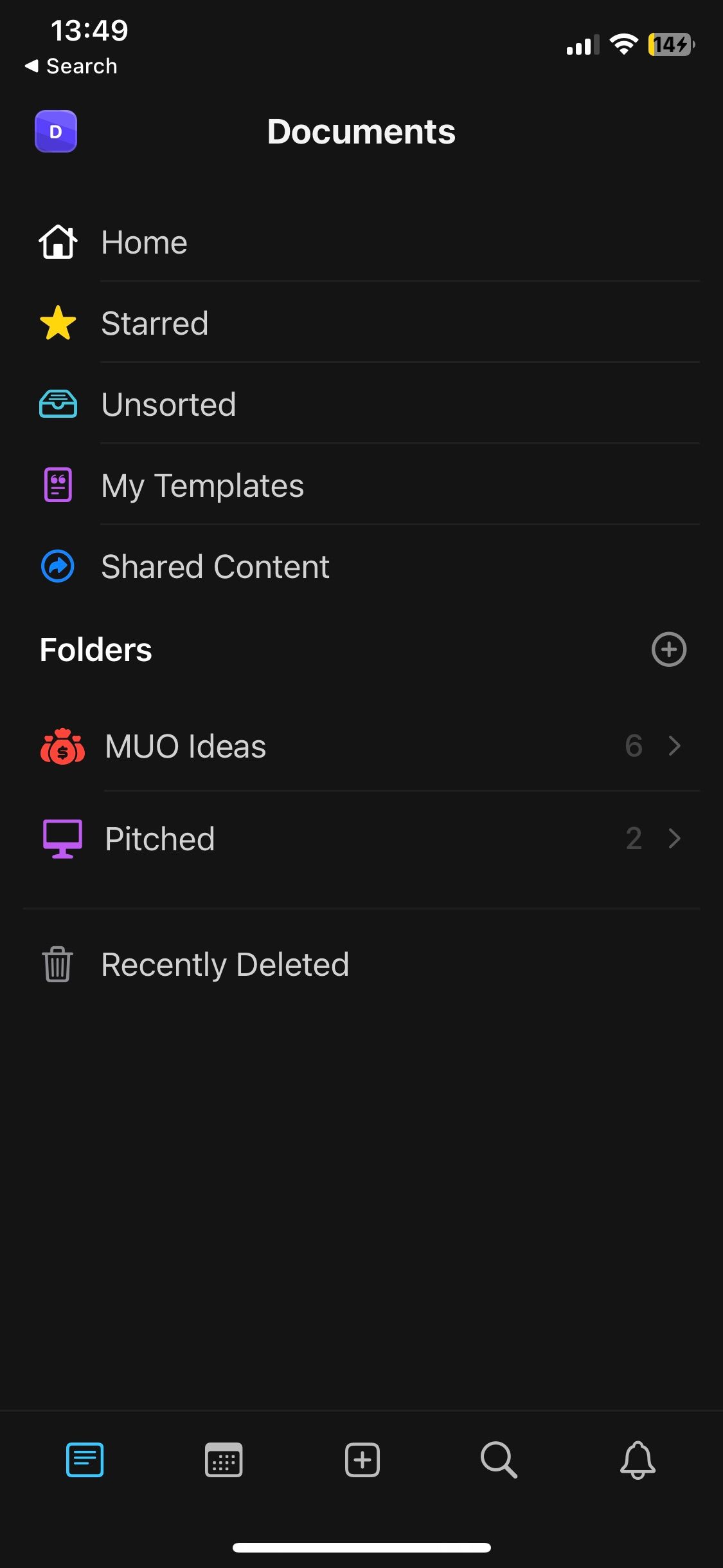 Craft app displaying folders in its menu