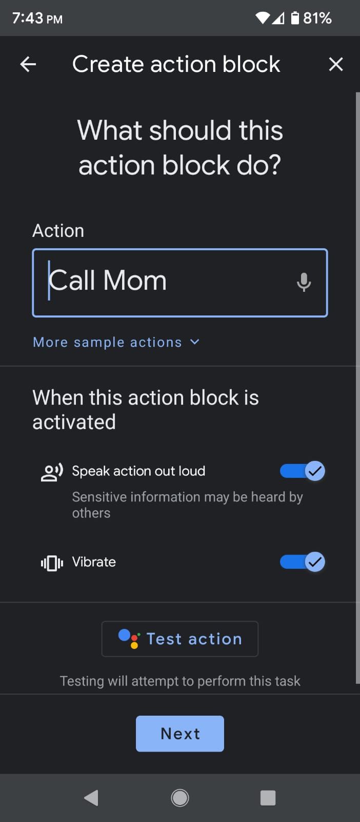 Creating an Action Block for Calling Mom
