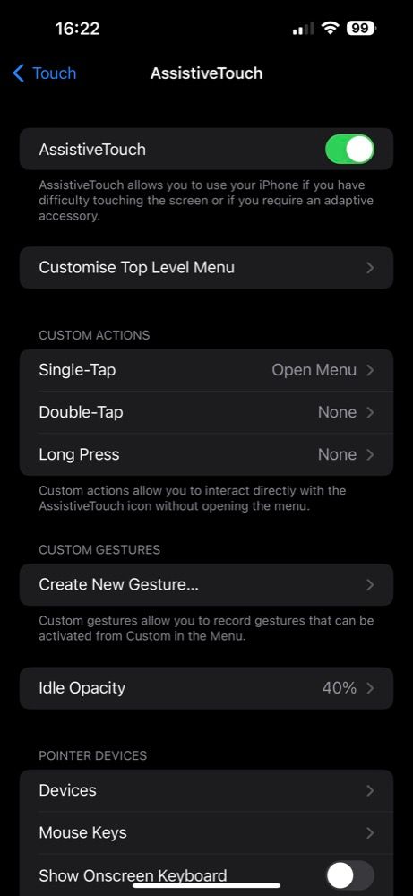 AssistiveTouch settings on iPhone