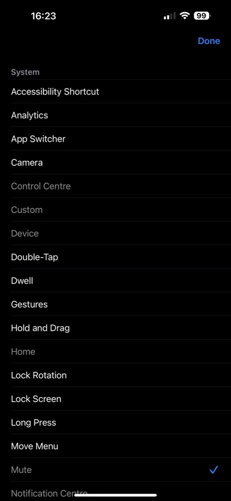 selecting Mute action for the new AssistiveTouch button