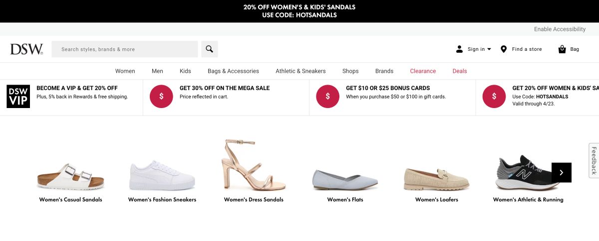 DSW website featuring shoes