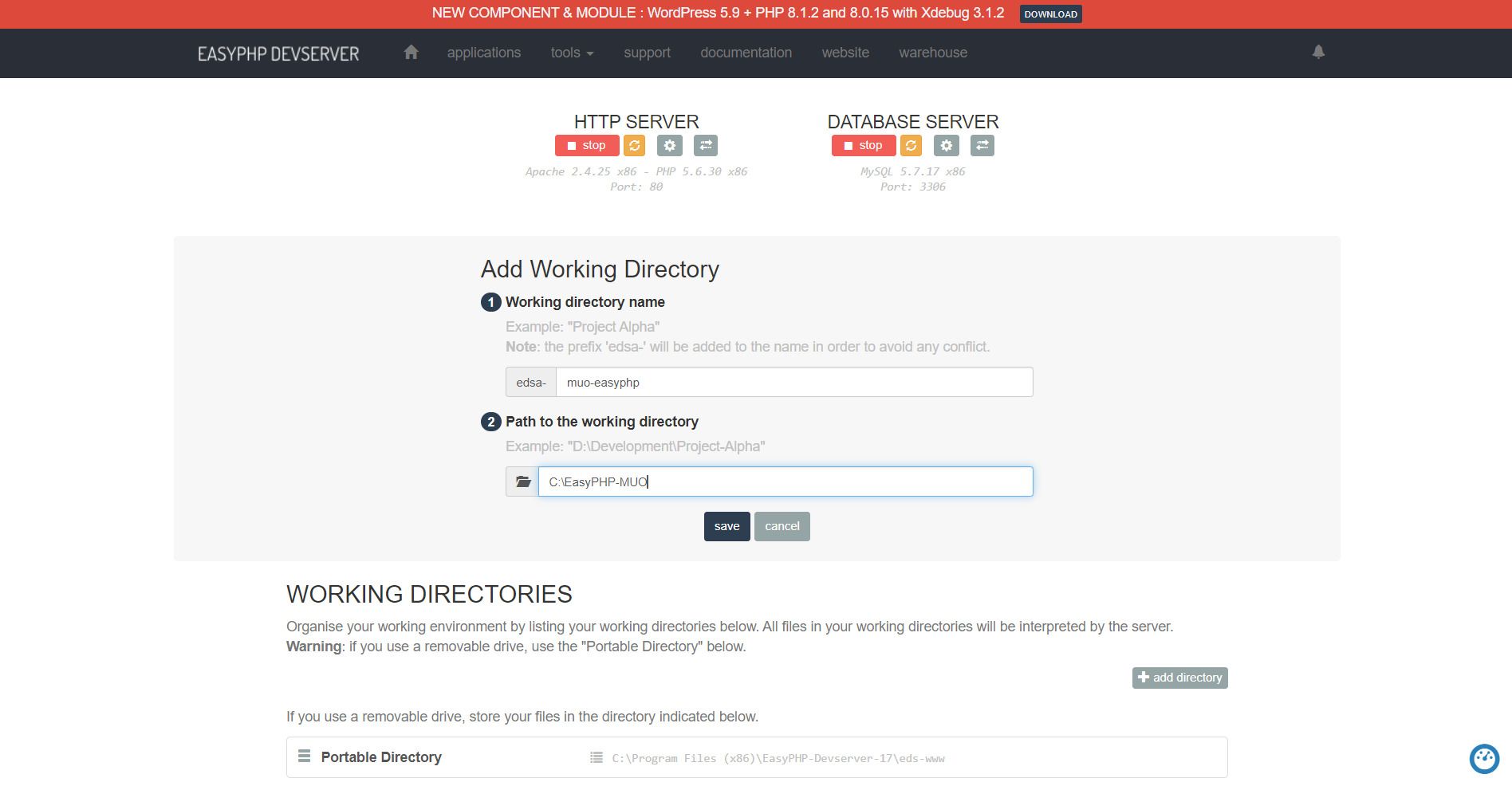 easyphp menambahkan direktori kerja baru