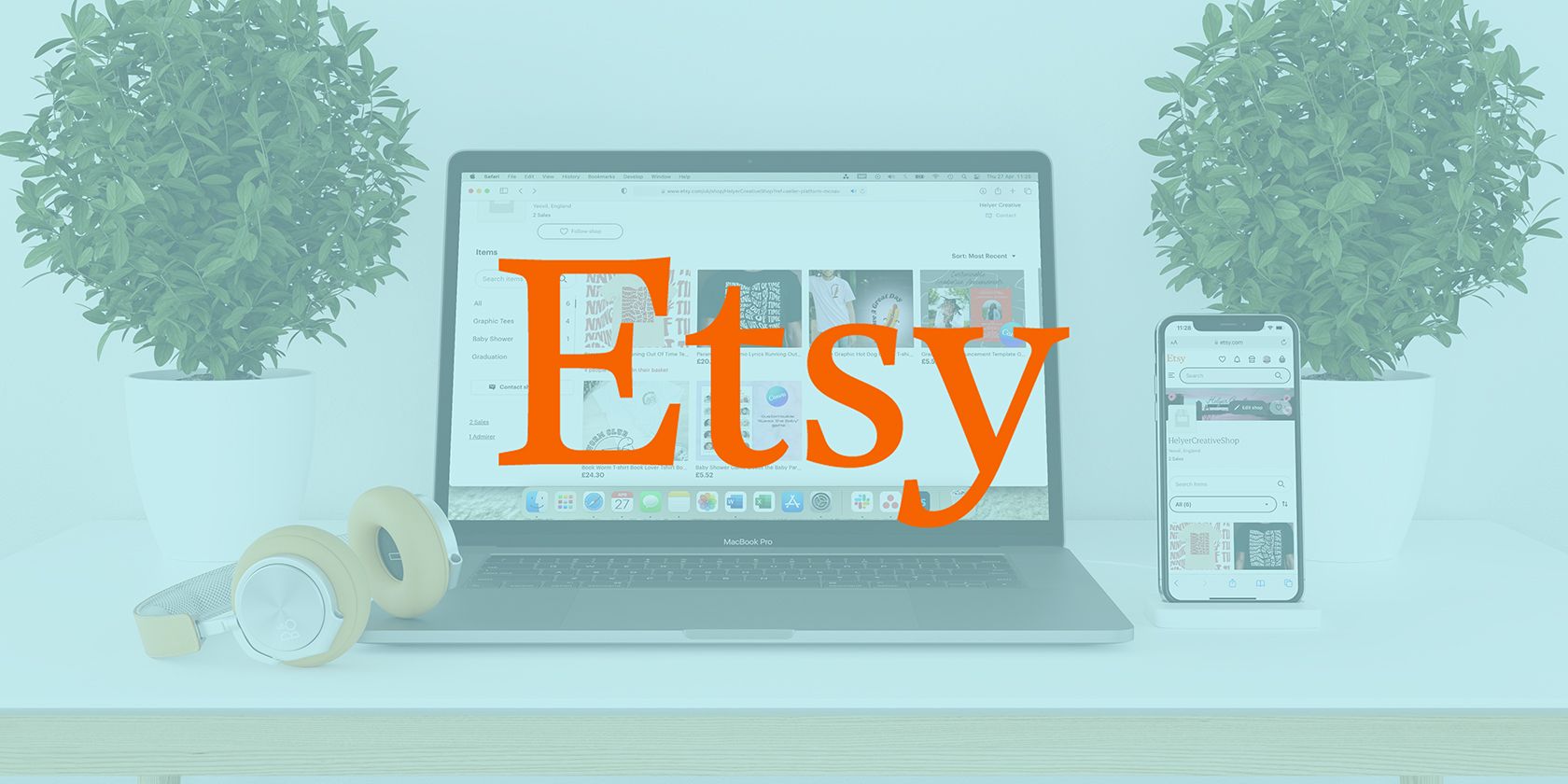 Etsy logo on background of laptop showing Etsy website.