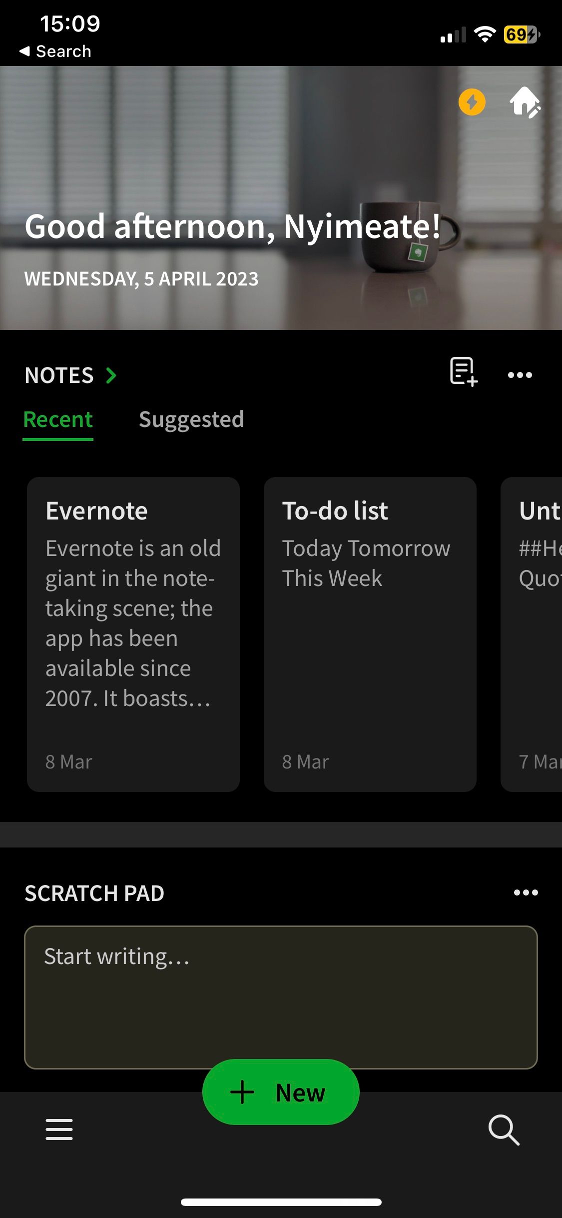 Evernote home screen displaying recent notes