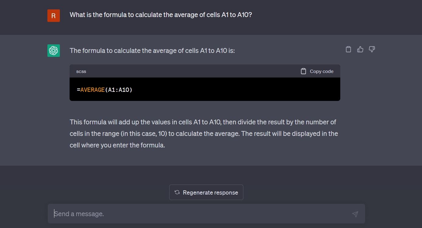 ChatGPT showing the formula to calculate the average of cells on Excel